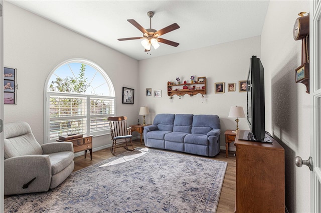 living room featuring hardwood / wood-style floors and ceiling fan