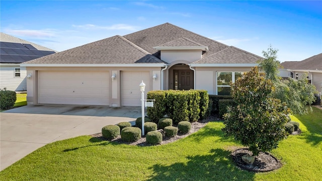 single story home with a garage and a front lawn