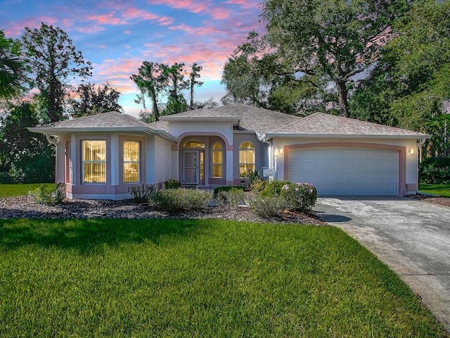 view of front of property with a lawn and a garage