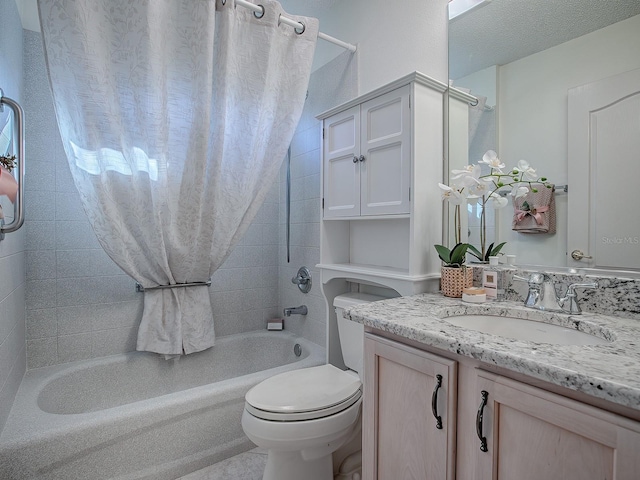 full bathroom featuring vanity, toilet, and shower / bathtub combination with curtain