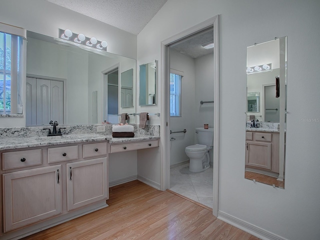 bathroom featuring hardwood / wood-style floors, vanity, toilet, a textured ceiling, and plenty of natural light