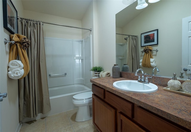 full bathroom with vanity, toilet, tile patterned flooring, and shower / tub combo with curtain