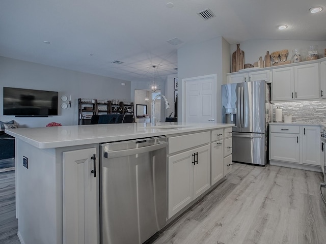 kitchen with appliances with stainless steel finishes, white cabinetry, and a kitchen island with sink