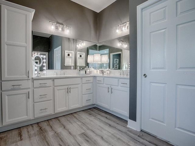 bathroom with hardwood / wood-style floors and vanity