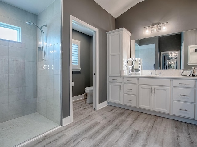 bathroom featuring a wealth of natural light, hardwood / wood-style floors, vanity, and toilet