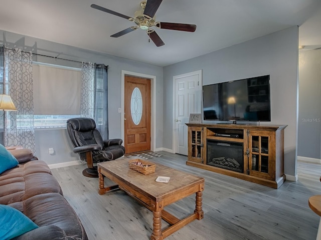 living room featuring ceiling fan and light wood-type flooring