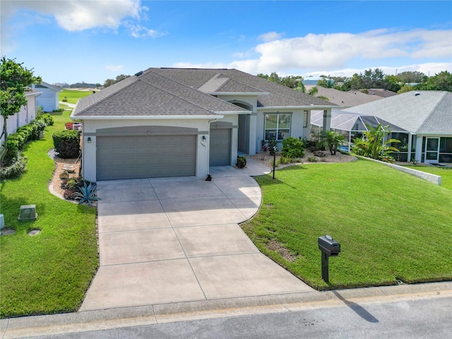 single story home with a garage and a front yard