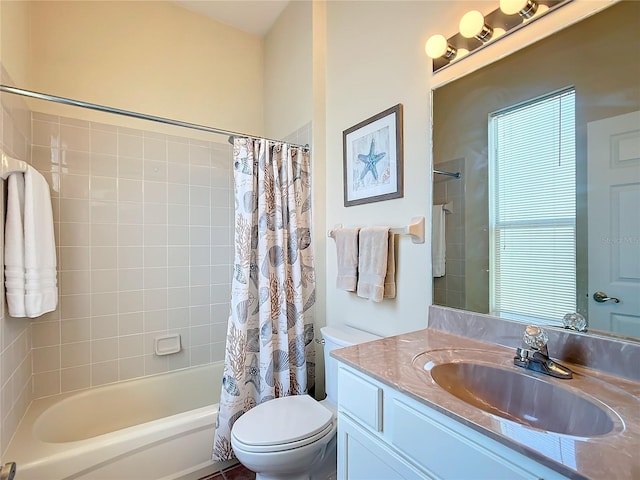 full bathroom with toilet, vanity, and shower / tub combo with curtain