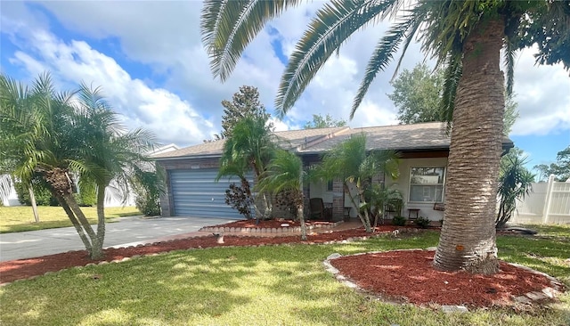 1415 Harnden Rd W, Port Orange, FL 32129 - view of front of house with driveway, a garage, fence, a front lawn, and stucco siding