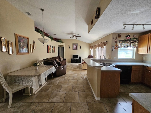 kitchen featuring a textured ceiling, lofted ceiling, ceiling fan, decorative light fixtures, and sink