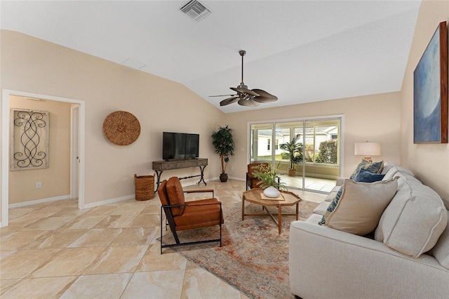 living room featuring ceiling fan and vaulted ceiling