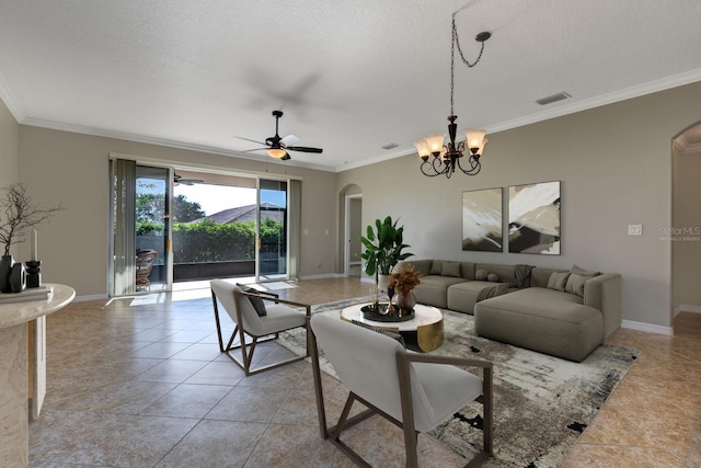 living room with a textured ceiling, crown molding, light tile patterned floors, and ceiling fan with notable chandelier