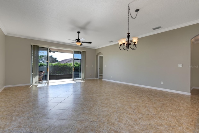 tiled spare room featuring ceiling fan with notable chandelier, ornamental molding, and a textured ceiling