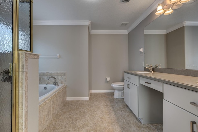 bathroom with vanity, toilet, ornamental molding, and tiled bath