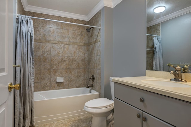 full bathroom featuring shower / bathtub combination with curtain, vanity, ornamental molding, and toilet