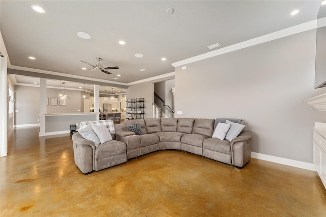 living room with concrete floors, crown molding, and ceiling fan