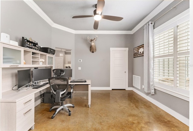 office featuring ceiling fan and ornamental molding