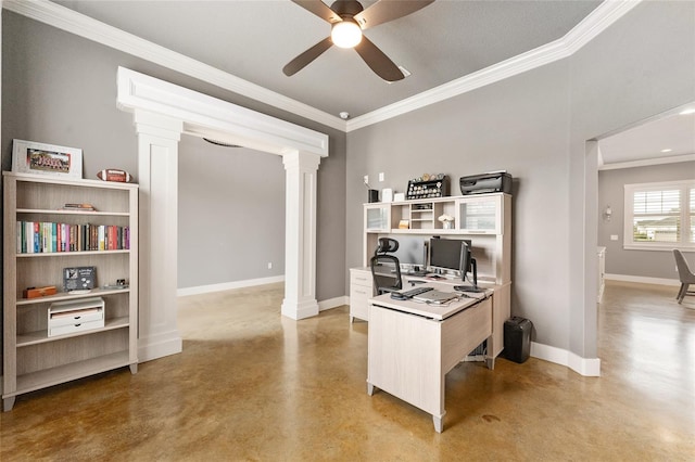 office space with ornate columns, crown molding, ceiling fan, and a textured ceiling