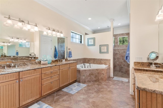 bathroom with vanity, crown molding, separate shower and tub, and tile patterned flooring