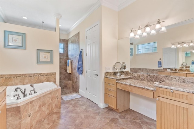 bathroom with vanity, ornamental molding, shower with separate bathtub, and tile patterned flooring