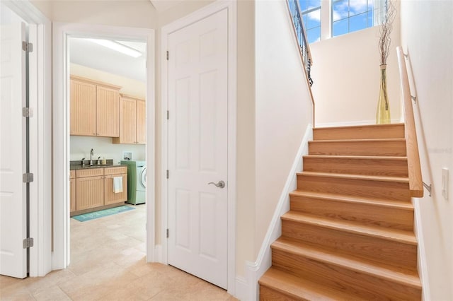 stairs featuring sink