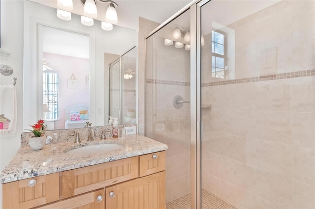 bathroom featuring vanity and walk in shower