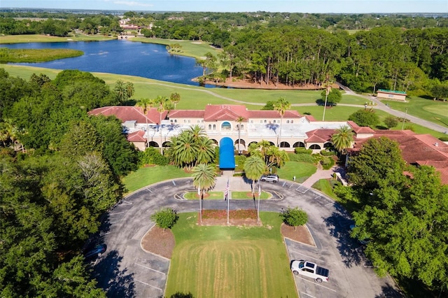 bird's eye view with a water view