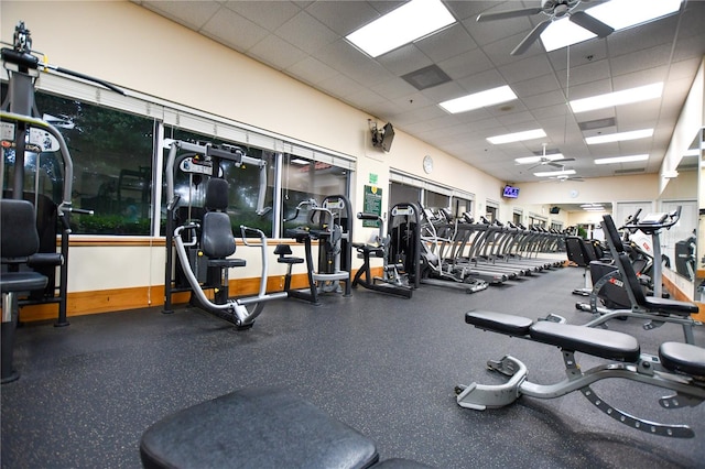 workout area featuring ceiling fan and a drop ceiling