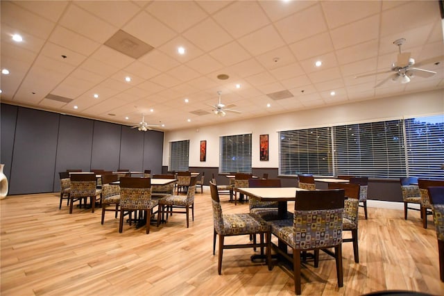 dining room featuring a decorative wall, light wood-type flooring, a ceiling fan, and a drop ceiling