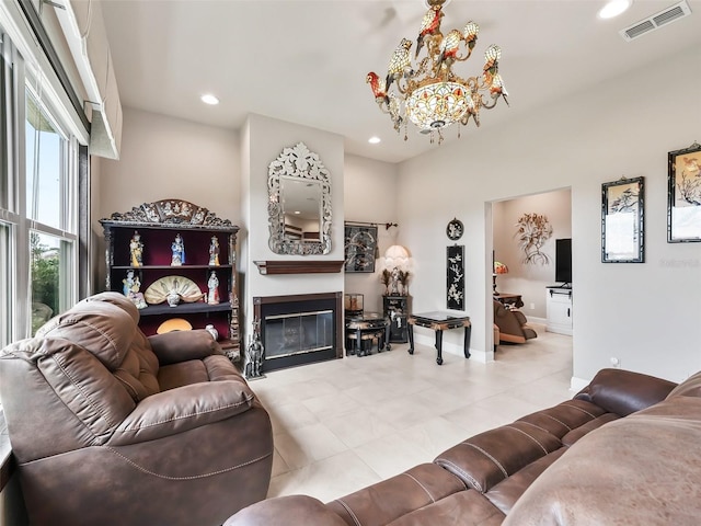 living room featuring an inviting chandelier