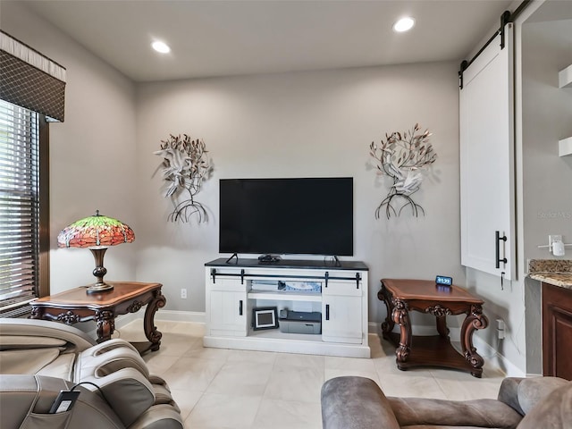 living room featuring a barn door