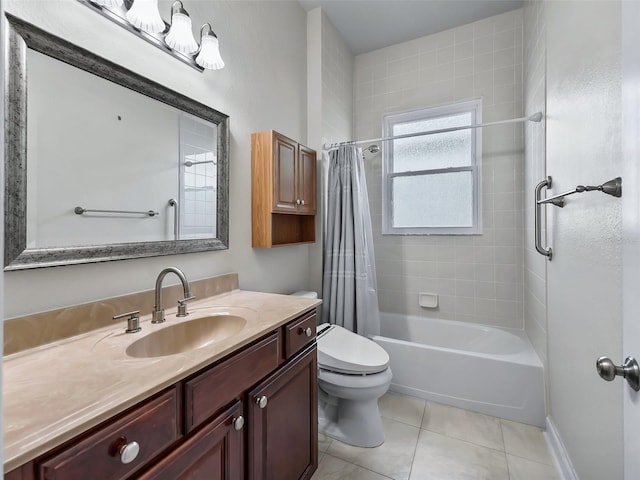 full bathroom with vanity, shower / tub combo, toilet, and tile patterned floors