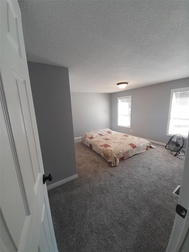 bedroom featuring dark colored carpet, a textured ceiling, and multiple windows