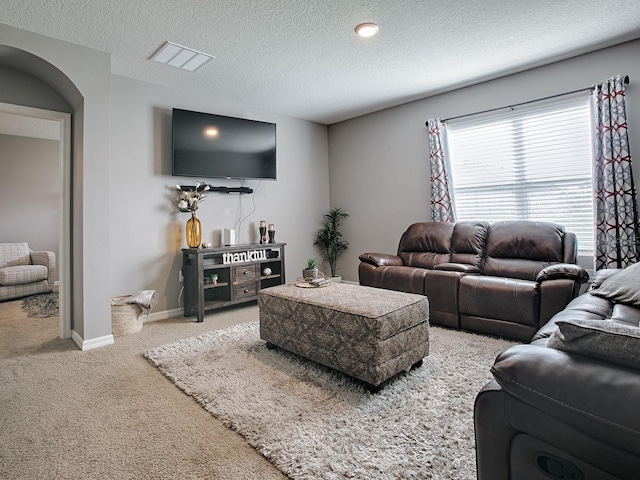 living room with carpet and a textured ceiling