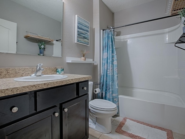 full bathroom featuring tile patterned floors, shower / bath combination with curtain, a textured ceiling, toilet, and vanity