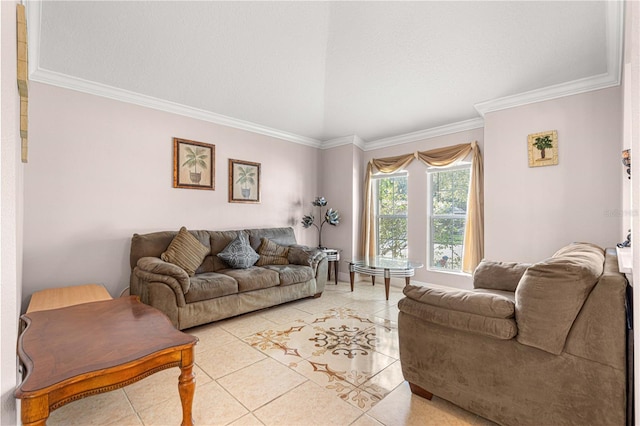 living room featuring ornamental molding and light tile patterned floors