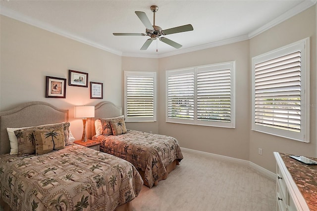 bedroom featuring light carpet, multiple windows, ceiling fan, and crown molding