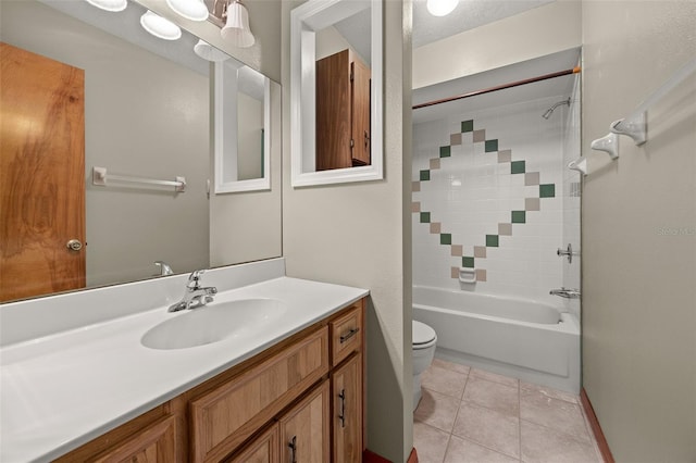 full bathroom featuring a textured ceiling, tiled shower / bath combo, tile patterned floors, vanity, and toilet