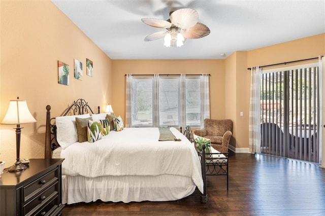 bedroom with ceiling fan, dark hardwood / wood-style floors, and access to exterior