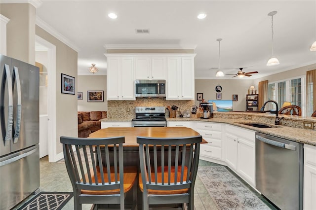 kitchen featuring white cabinets, ceiling fan, appliances with stainless steel finishes, and sink