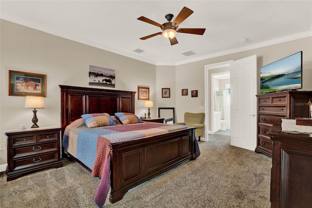 bedroom with ceiling fan, light colored carpet, and crown molding