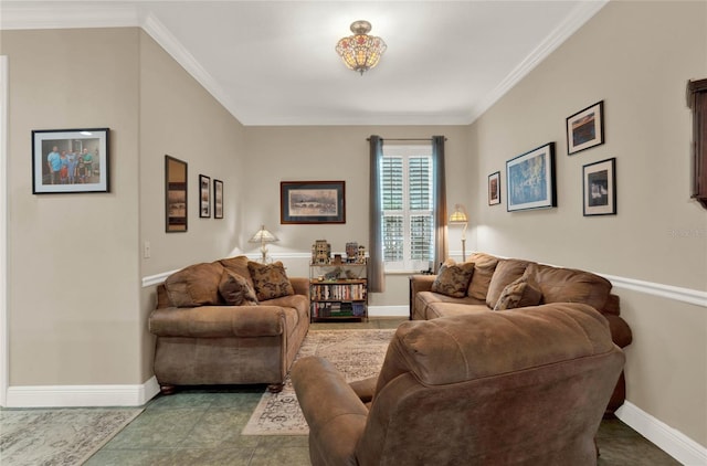 living room with ornamental molding and tile patterned floors