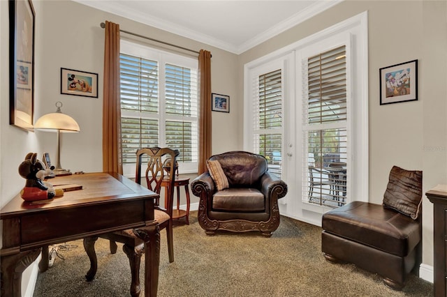 office space with ornamental molding, plenty of natural light, and carpet flooring