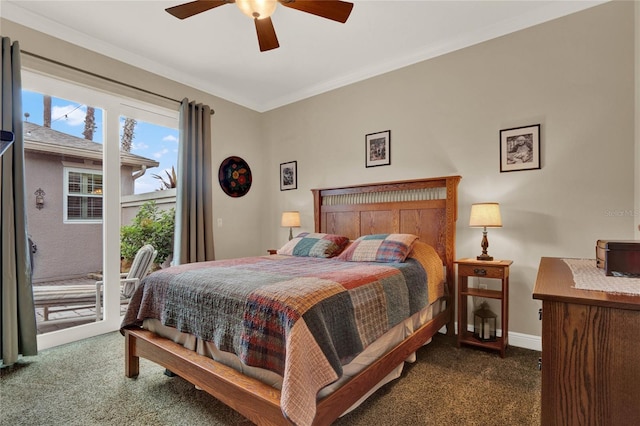 carpeted bedroom with ornamental molding, ceiling fan, and access to outside