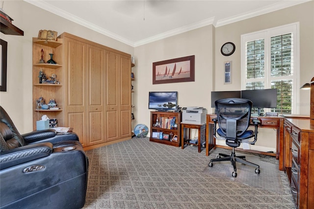 carpeted home office with ornamental molding