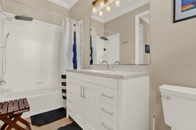 full bathroom with vanity, tile patterned floors, crown molding, toilet, and shower / tub combo with curtain