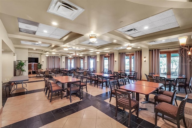 tiled dining area featuring beam ceiling, coffered ceiling, and french doors