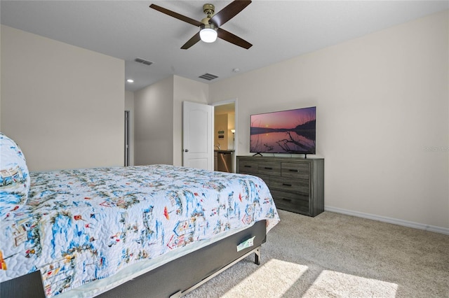 carpeted bedroom featuring ceiling fan