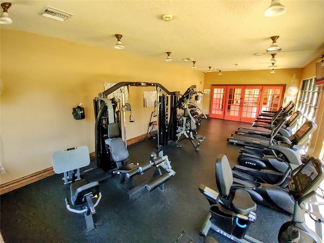 exercise room featuring french doors