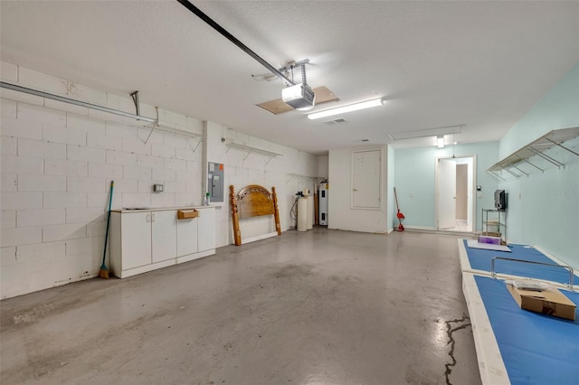 garage featuring a garage door opener, electric panel, and water heater